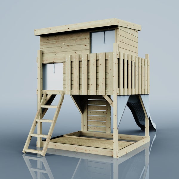 Spielturm aus Holz mit Rutsche, integriertem Sandkasten, Leiter und Pultdach.