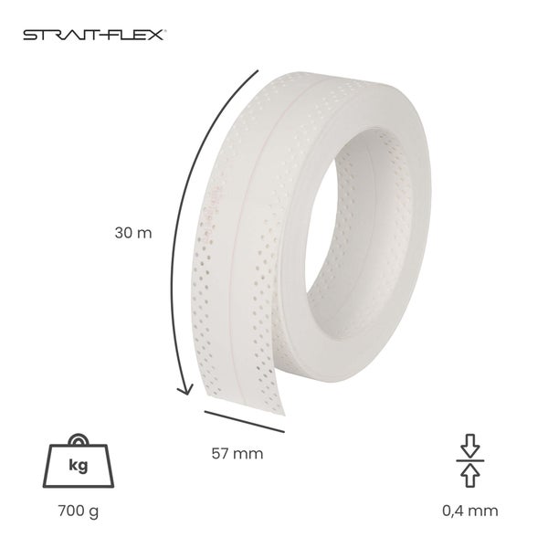 Fugendeckstreifen für Trockenbau, 30 Meter lang, 57 Millimeter breit, 0,4 Millimeter stark, 700 Gramm schwer. Strait-Flex Logo.