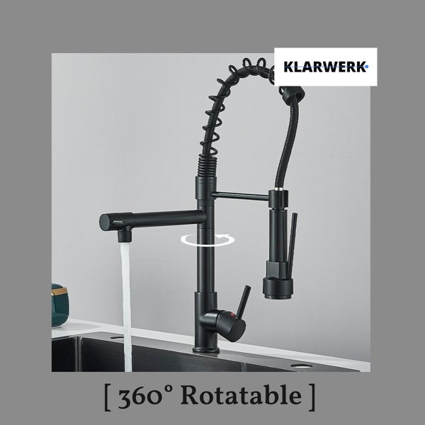KLARWERK Küchenarmatur in Schwarz matt, um 360 Grad drehbar, mit ausziehbarer Geschirrbrause.