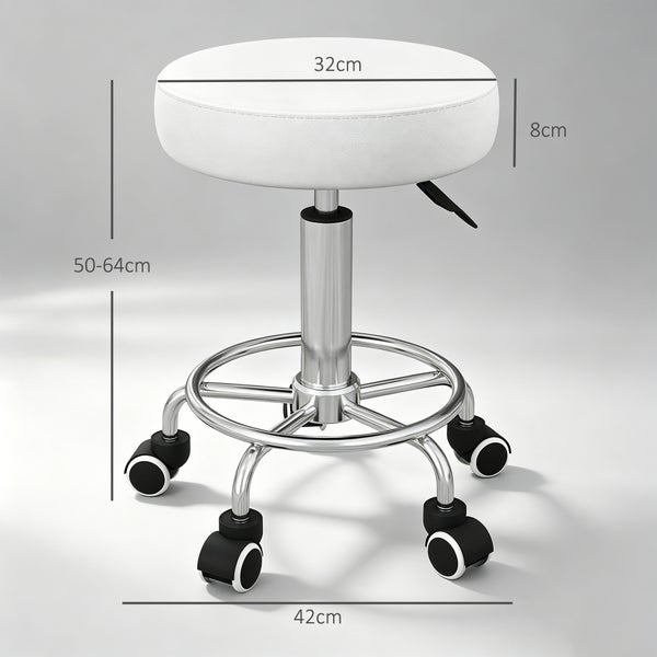 Drehhocker mit Rollen und höhenverstellbarem Sitz, Sitzdurchmesser 32 Zentimeter, Höhe 50 bis 64 Zentimeter, mit Metallfußkreuz.