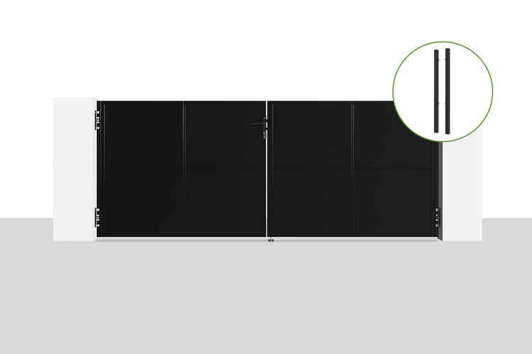 Stahlflügeltor 3,5m NALI H.140cm Mattschwarz + 2 DARIO-Stahlpfosten