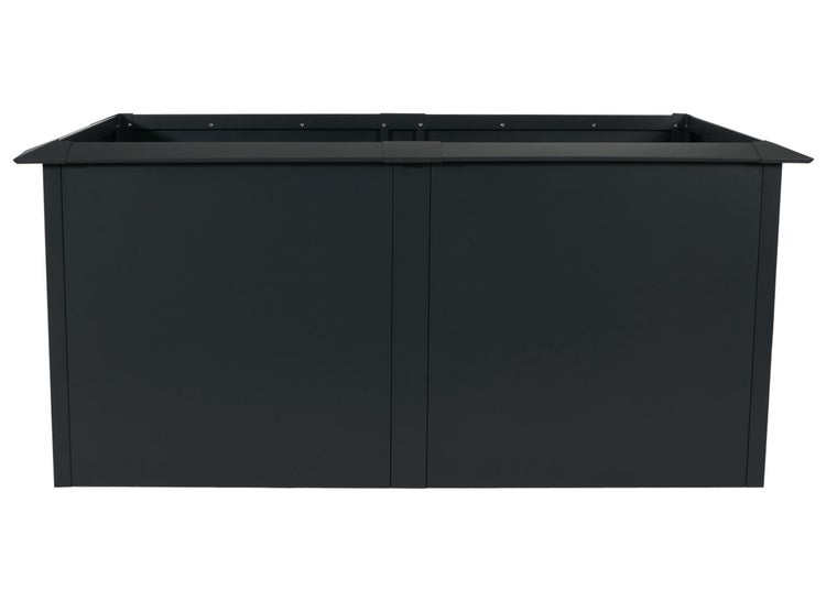 Rechteckiges Hochbeet aus Metall mit breitem Rand.