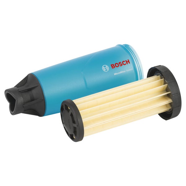 Bosch Microfilter-System bestehend aus einer blauen Staubbox mit Bosch Logo und einem Lamellenfilter für Schleifgeräte.