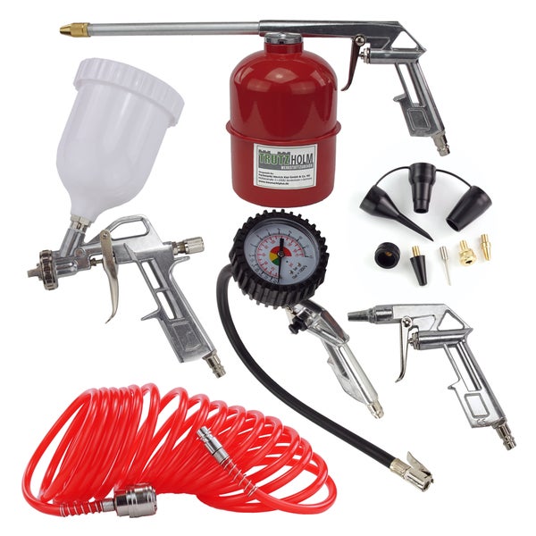 Druckluftzubehör Set mit Spritzpistole, Reifenfüller mit Manometer, Ausblaspistole, Spiralschlauch und verschiedenen Düsenaufsätzen