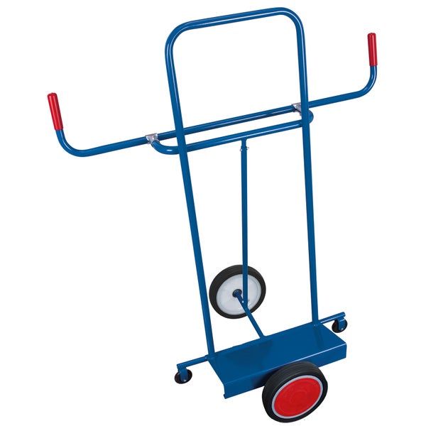 Transportwagen für Türen und Platten aus blauem Stahl mit breitem Haltebügel, roten Griffen und vier Rädern.