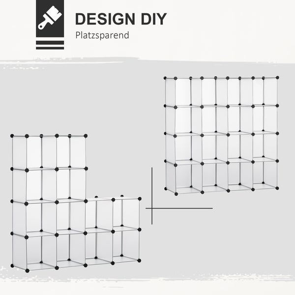 HOMCOM DIY Regalsystem mit 16 Würfeln stapelbar DIY-Würfelregal Kleiderschrank Aufbewahrungsregal Standregal Schuhregal von Büchern Spielzeug Schuhen aus Kunststoff Stahl Weiß 125 x 32 x 125 cm