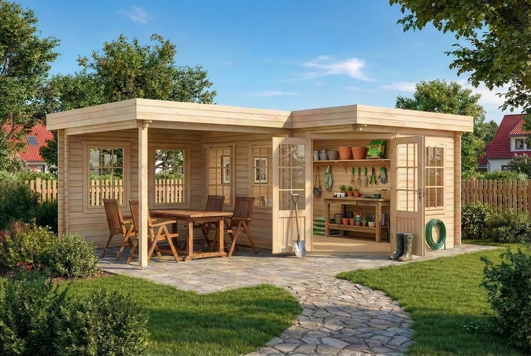 Modernes Gartenhaus aus hellem Holz mit Flachdach, überdachter Terrasse mit Sitzgruppe und Geräteschuppen inklusive Werkbank.