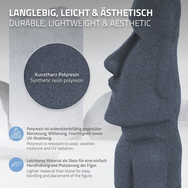 Detailaufnahme einer Moai-Statue aus Kunstharz, die für ihre Langlebigkeit, ihr geringes Gewicht und ihre Ästhetik wirbt
