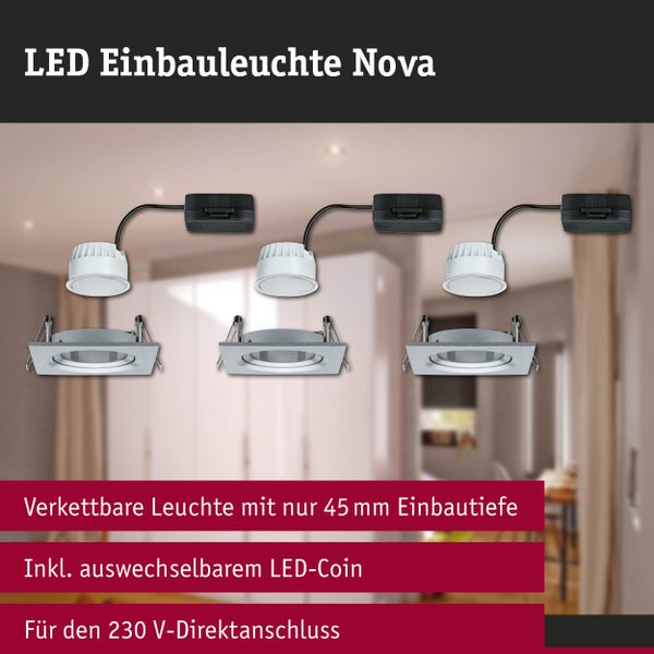 Drei quadratische verkettbare LED Einbauleuchten Nova mit LED-Coin und Anschlussbox, 45 Millimeter Einbautiefe, 230 Volt Direktanschluss.