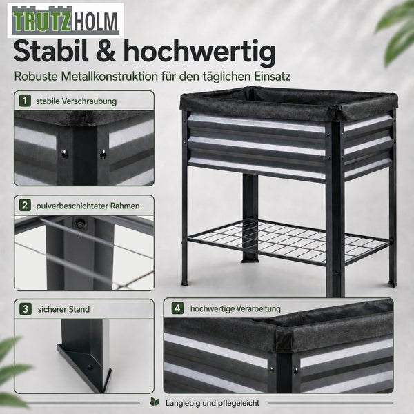Trutzholm Hochbeet aus Metall mit Ablage und Details zu stabiler Verschraubung, pulverbeschichtetem Rahmen und sicherem Stand.