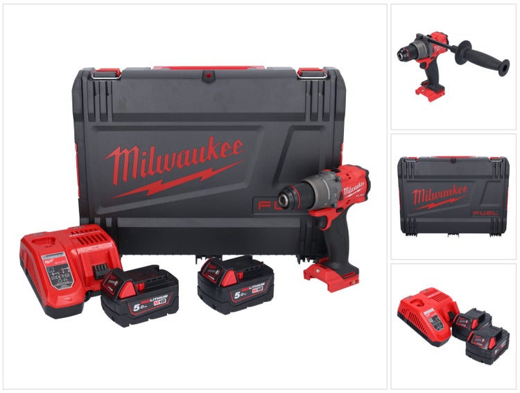 Milwaukee Akku-Bohrschrauber-Set M18 FUEL mit zwei 5,0 Ah Akkus, Ladegerät und Transportkoffer.