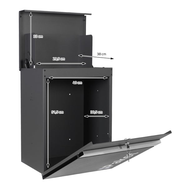 Offene anthrazitfarbene Paketbox mit Maßen: Einwurf oben 29,5 mal 38 mal 33 Zentimeter, Fach unten 40 mal 51,5 mal 30,5 Zentimeter.