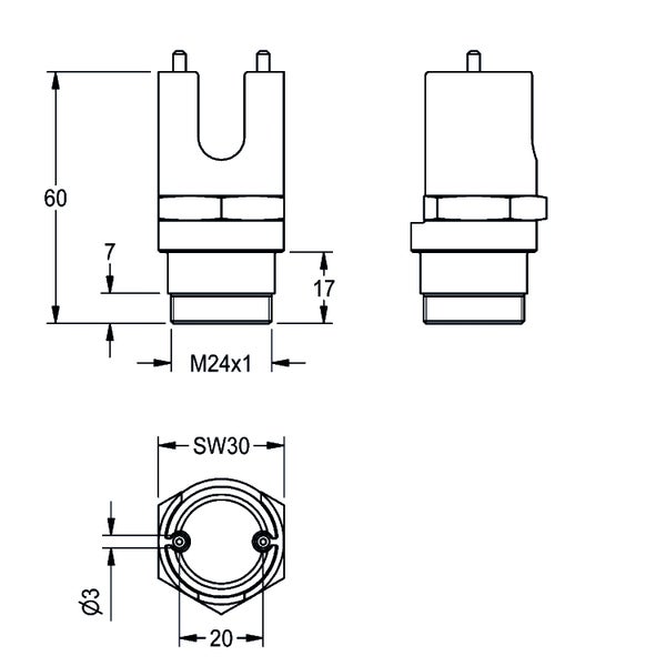 Technische Zeichnung eines Bauteils mit den Maßen 60 Millimeter Höhe, M24 mal 1 Gewinde und Schlüsselweite 30.