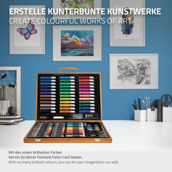 ECD Germany 150-Teiliges Malset mit Holzkoffer, Malkoffer, Malkasten, Kunst- und Zeichenset, Acrylfarben Buntstifte Farbstifte Wachsmalstifte Aquarell & Zubehör, Künstler Set zum Zeichnen, Kunstbedarf