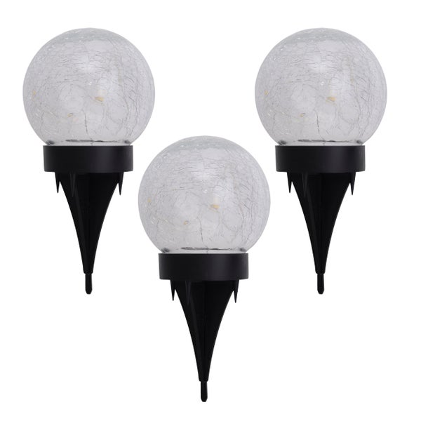 3er-Set LED-Solar-Tischleuchte/Erdspieß Crackle Ø 12cm , für Außen, Tischleuchte - Kunststoff und Glas , Weiß,  mit integrierter LED