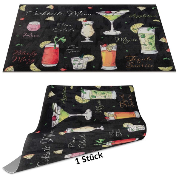 Küchenrückwand mit Cocktail-Menü-Motiv, zeigt verschiedene Getränke wie Mojito und Pina Colada.