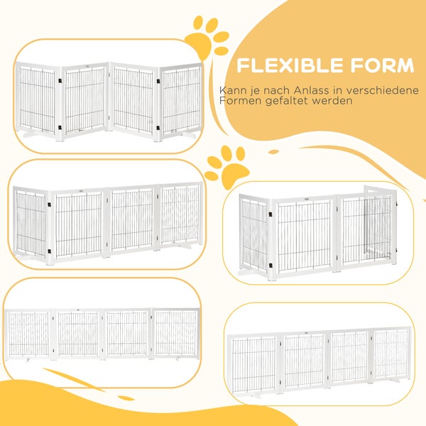 PawHut Türschutzgitter Holz Absperrgitter für Hunde Schutzgitter Hundegitter Sicherheitstür Bidirektionales Falten Stahl Weiß 305 x 35,5 x 82 cm