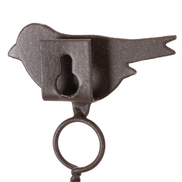 Rückansicht eines Wandhakens aus Metall in Vogelform mit Schlüsselloch-Aufhängung und Ring.