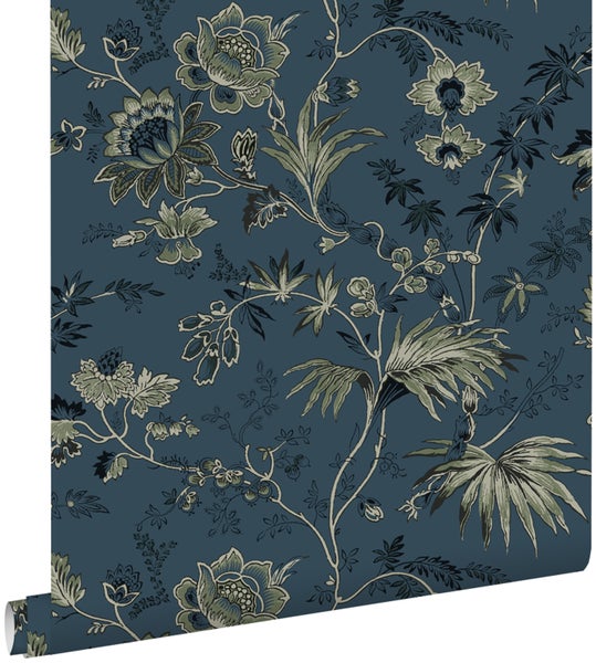 ESTAhome Tapete Blumenmuster Dunkelblau und Olivgrün - 53 cm x 10.05 m - 139315