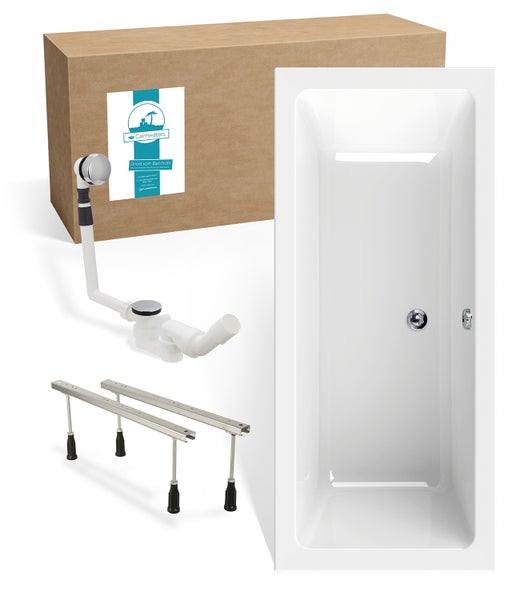 Badewannenset mit weißer Rechteck-Badewanne, Ablauf und Überlauf, verstellbaren Wannenfüßen und Karton mit Calmwaters Logo.
