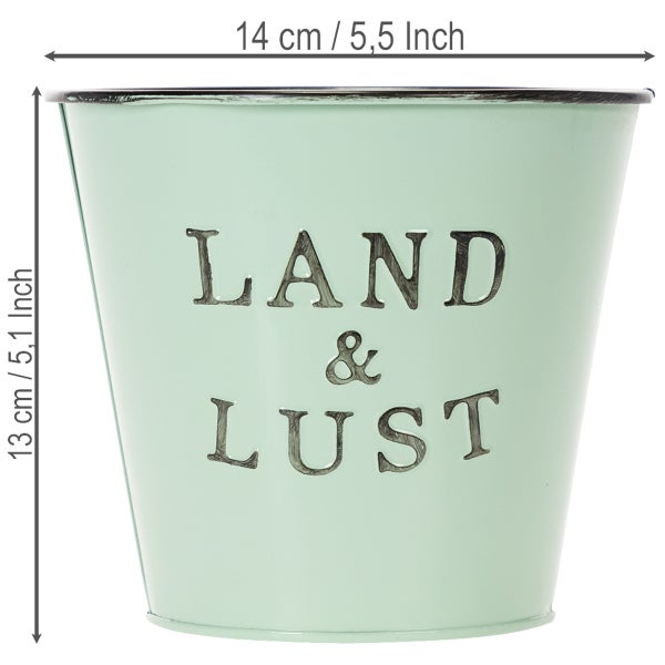 Hellgrüner Zinkübertopf mit Aufschrift Land und Lust, Durchmesser 14 Zentimeter, Höhe 13 Zentimeter.