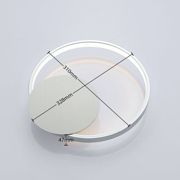 Moderne runde LED-Deckenleuchte mit 310 Millimeter Durchmesser, 328 Millimeter Gesamtlänge und 47 Millimeter Tiefe.