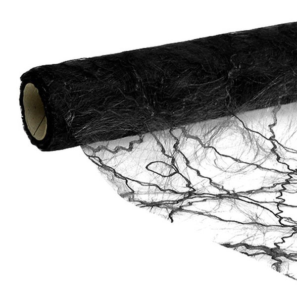 Schwarzes Dekovlies auf Rolle mit netzartiger Struktur für Tischdekorationen.