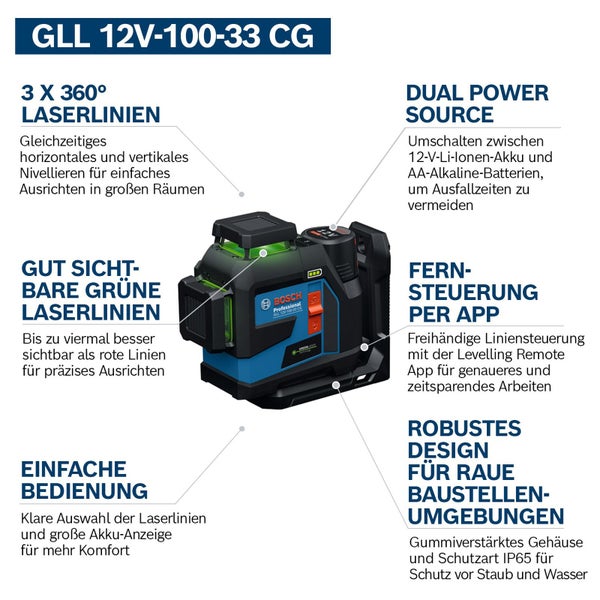 Bosch GLL 12V-100-33 CG 3 x 360 Grad Laserlinien Nivelliergerät für horizontales und vertikales Ausrichten