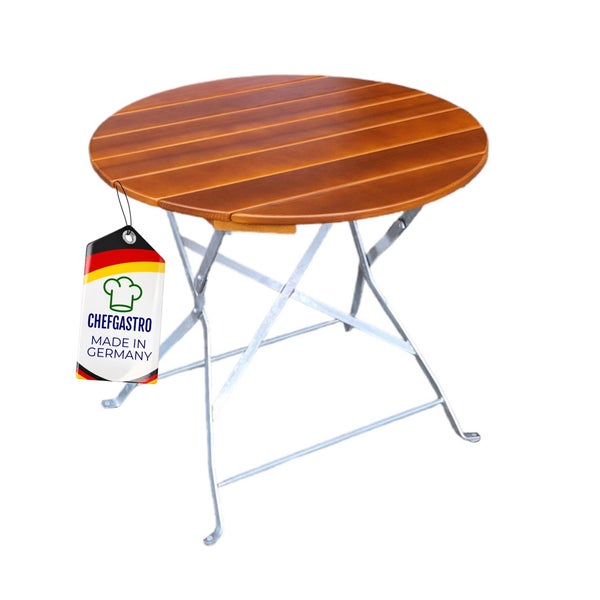 Runder Gartenklapptisch mit Holzlatten-Tischplatte und Metallgestell. ChefGastro Logo. Hergestellt in Deutschland.