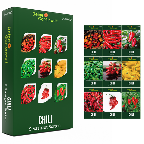 Chili-Saatgut-Set von Deine Gartenwelt mit 9 verschiedenen Chili-Sorten in einer grünen Box.