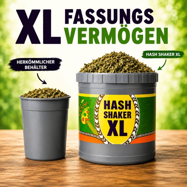Größenvergleich zwischen einem herkömmlichen Behälter und dem Hash Shaker XL, beide gefüllt mit getrocknetem Pflanzenmaterial.