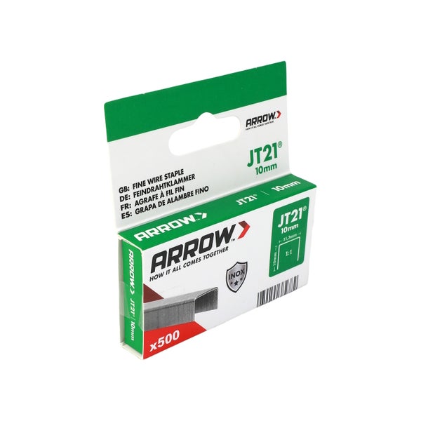 Arrow JT21 Feindrahtklammern aus rostfreiem Edelstahl, 10 Millimeter Länge, Packung mit 500 Stück.