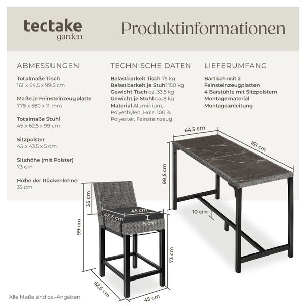 Rattan Tisch Lovas mit 4 Stühlen Latina tectake  Beine aus Holz mit Aluminiumgestellen grau