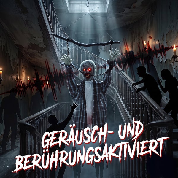 Animierte Halloween Geisterfigur mit Geräusch und Berührungssensor zur Dekoration in einer alten Treppenhaus Kulisse.