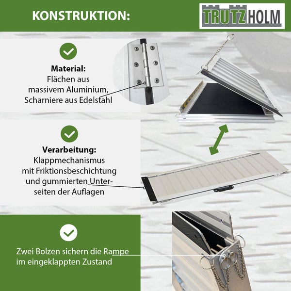 Detailansicht einer klappbaren Rampe von Trutzholm mit Flächen aus massivem Aluminium und Scharnieren aus Edelstahl sowie einem Klappmechanismus mit Friktionsbeschichtung.