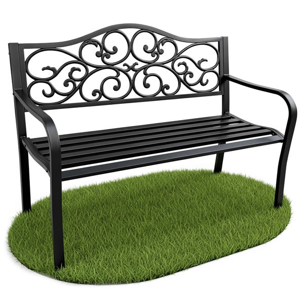 Schwarze Gartenbank aus Metall mit verzierter Rückenlehne und Latten-Sitzfläche.