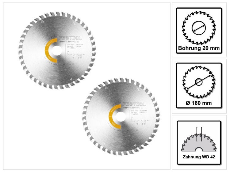 Festool 2x Kreissägeblatt Wood Fine Cut HW 160 x 1,8 x 20 mm WD42 ( 2x 205553 ) für Tauchsägen TS 55 F, TSC 55 K & Handkreissägen HK 55, HKC 55