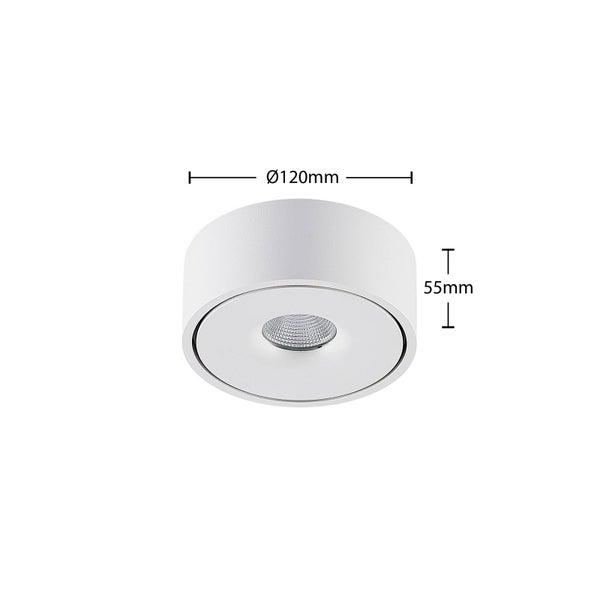 Weiße runde LED-Deckenaufbauleuchte mit einem Durchmesser von 120 Millimeter und einer Höhe von 55 Millimeter.