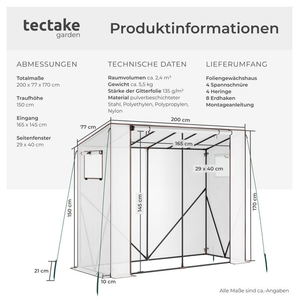 Tectake Garden Logo und Produktinformationen zum Foliengewächshaus mit Maßen von 200 mal 77 mal 170 Zentimetern sowie technischen Daten.