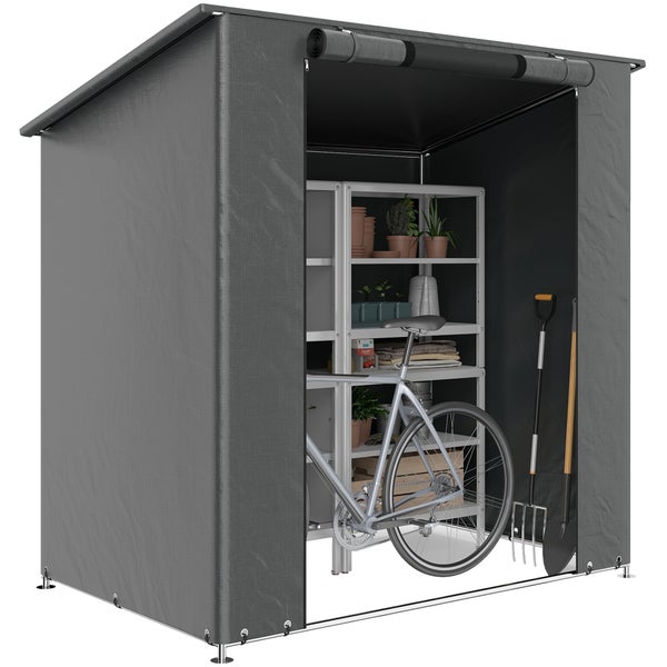Gerätezelt mit Pultdach und aufrollbarer Tür, darin ein Fahrrad, ein Regal mit Pflanzen, eine Schaufel und eine Grabegabel.