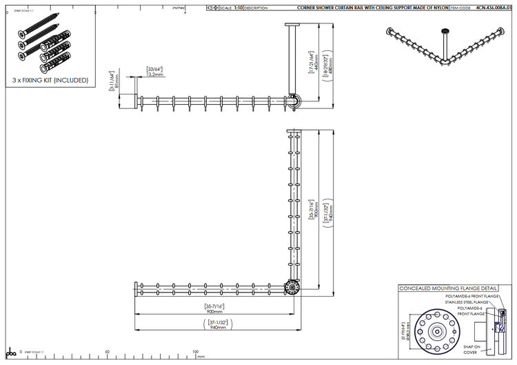 Technische Zeichnung einer L-förmigen Eck-Duschvorhangstange aus Nylon mit Deckenstütze, Vorhangringen und Befestigungsmaterial.