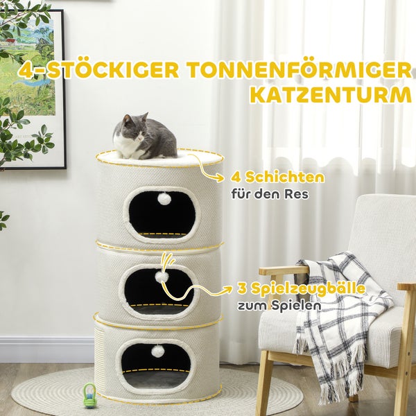 PawHut Kratztonne, 100 cm hoch Katzentonne mit 3 Höhle, Kratzbaum mit Spielbällen, Katzenturm aus Sisal, für Katze bis 6 kg, Beige+Cremeweiß