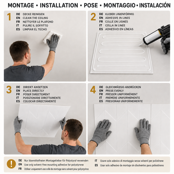 Montageanleitung in vier Schritten für Deckenplatten mit Hinweis zur Verwendung von lösungsmittelfreiem Montagekleber für Polystyrol.
