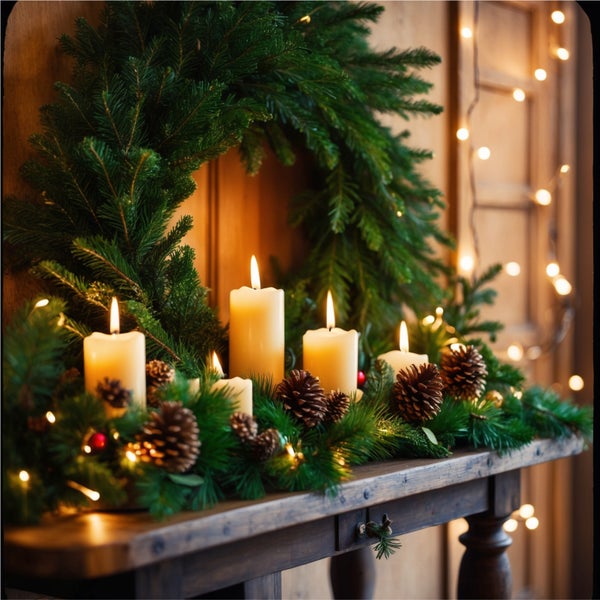 Festliche Dekoration mit Adventskranz, Kerzen und Tannenzapfen auf einem Holztisch.