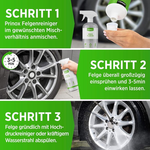 PRINOX® 1030ml Felgenreiniger Konzentrat inkl. Mischflasche | STARK & SPARSAM | Ergibt bis zu 20L | Säurefrei für alle Felgen | Alufelgen, Stahlfelgen, Carbon, Matte, Chrom | Felgenpflege Made in DE…