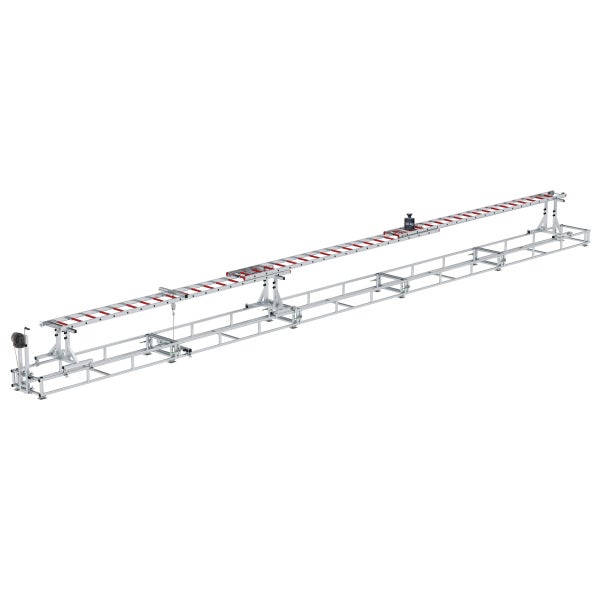 Aluminium-Rollbahn mit rot-weissen Rollen und verstellbaren Füßen