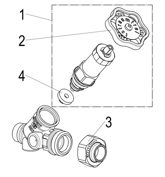 Explosionszeichnung eines totraumfreien Ventils mit nummerierten Einzelteilen wie Handrad, Ventileinsatz und Dichtung.