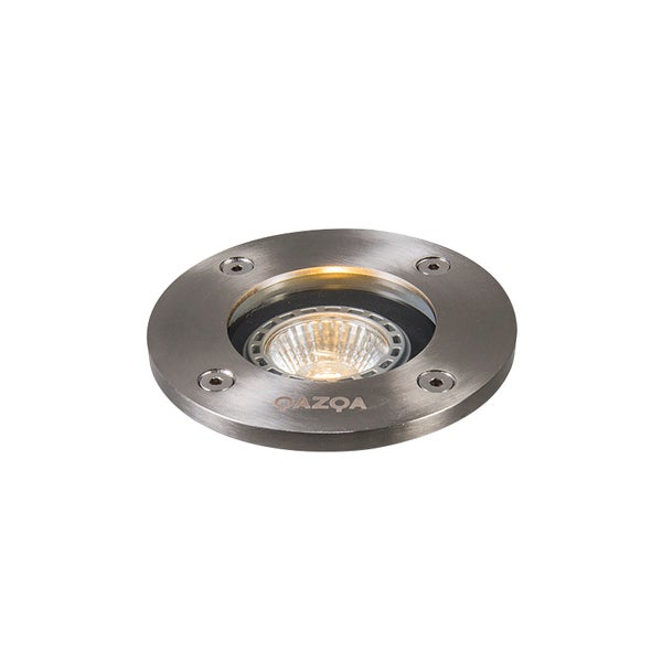 QAZQA Logo runder Bodeneinbaustrahler aus Metall mit Glasabdeckung für den Außenbereich.