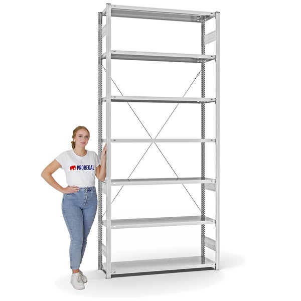 PROREGAL Fachbodenregal Stecksystem T-Profil Medium-Duty Grundregal HxBxT 300 x 130 x 40 cm 7 Ebenen Fachlast 215 kg Einseitig Nutzbar Lichtgrau