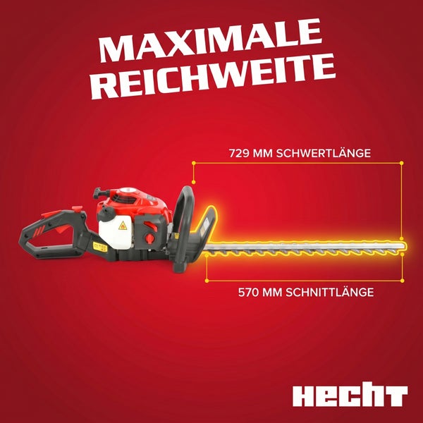 Benzin Heckenschere von Hecht mit 729 Millimetern Schwertlänge und 570 Millimetern Schnittlänge für maximale Reichweite. Hecht Logo.